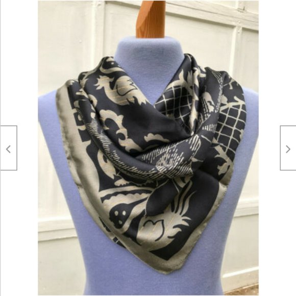 Bold Black & Silver Bird Pattern Square Scarf Vintage Sears Hair Bandana 31" - Picture 2 of 6